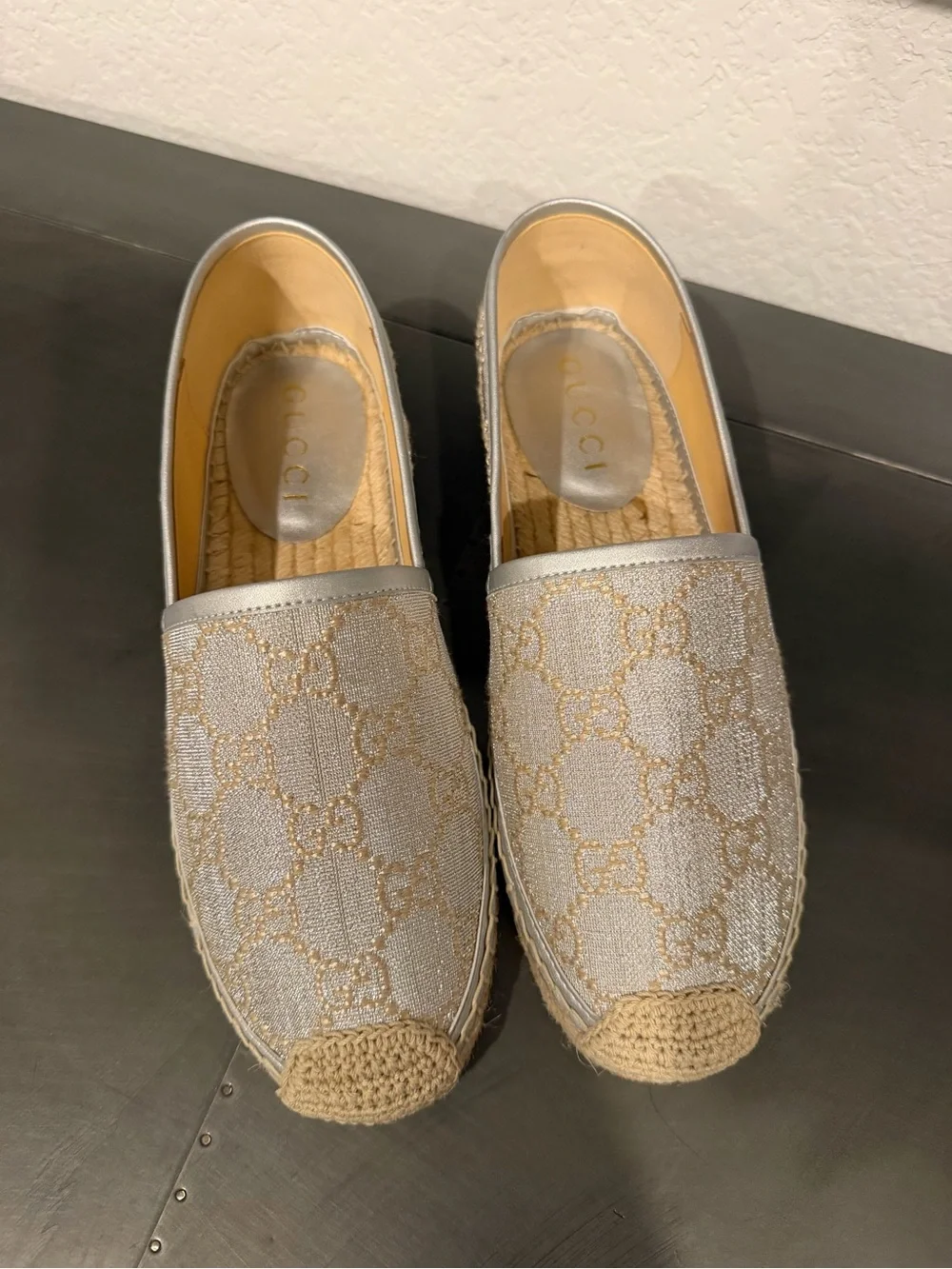 Gucci Silver & Beige GG Canvas Espadrille Slip-Ons